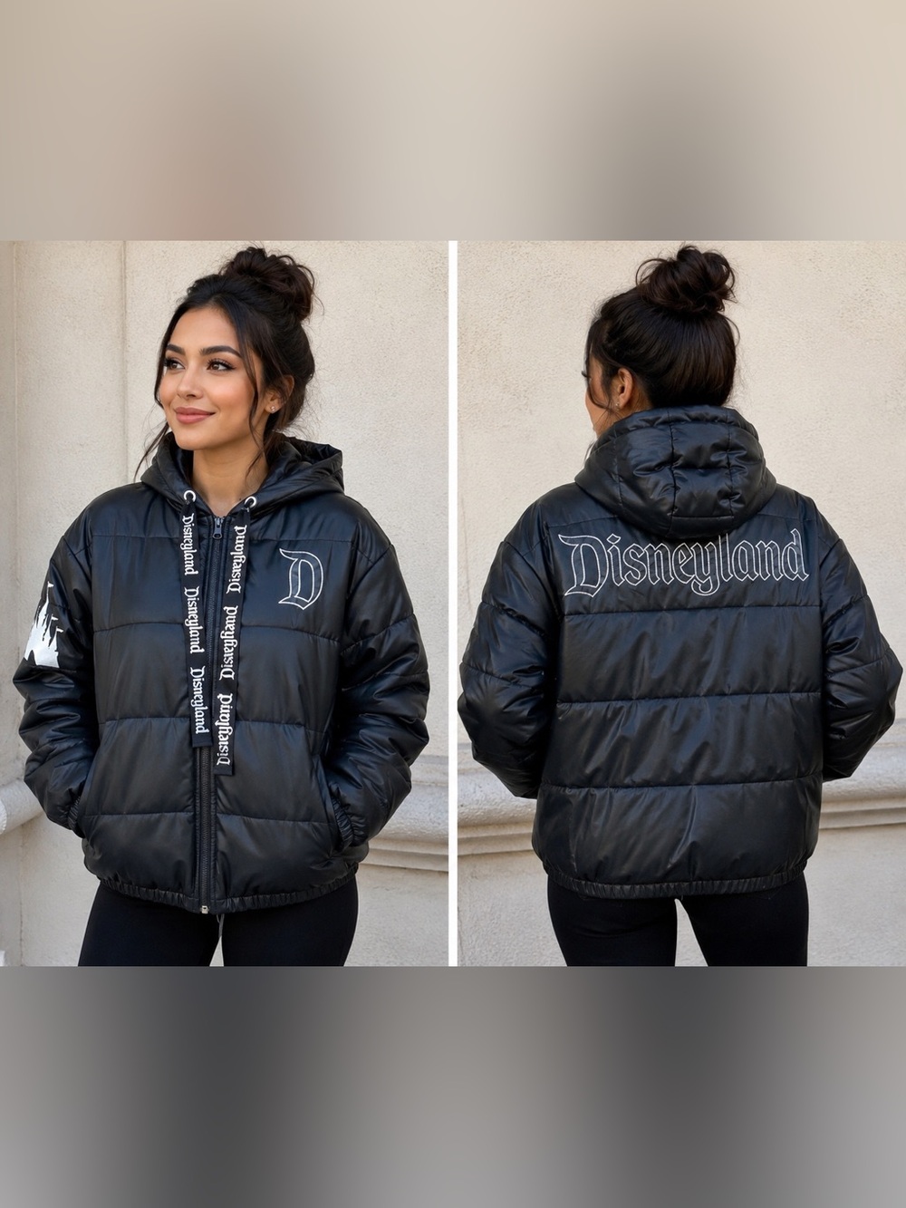 Disney Parks Disneyland Puffer Jacket Large Black Hooded Full Zip Faux Leather